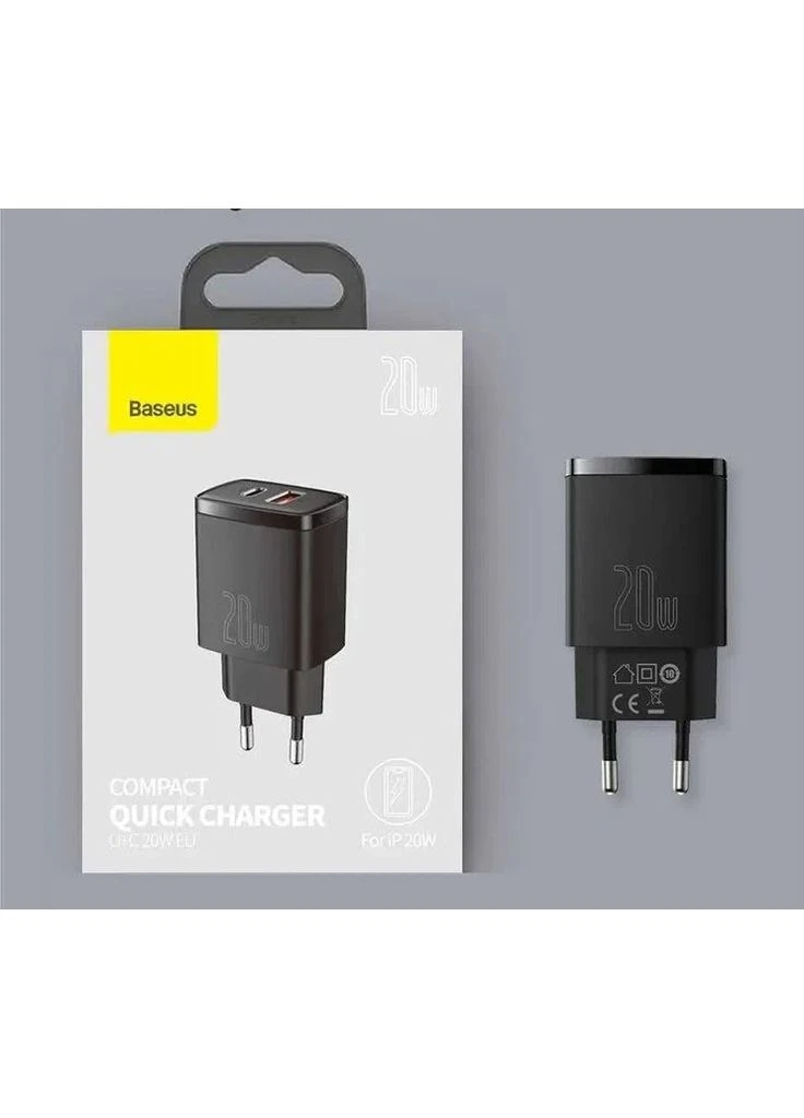 Мережевий зарядний пристрій Compact Quick Charger 20W QC PD 1xUSB 1xType-C Black Baseus (384224678)