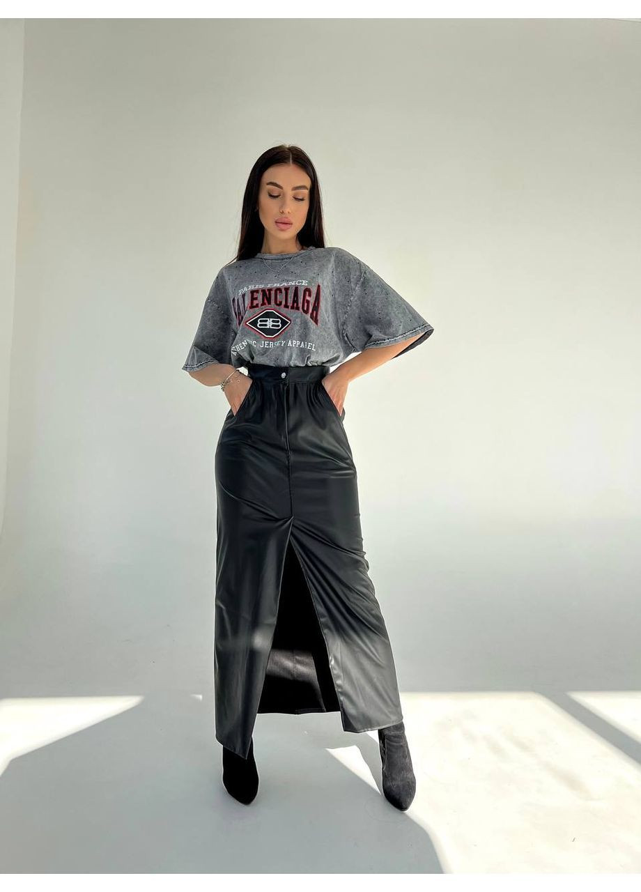 Черная женская юбка макси из эко-кожи. Osoblyva