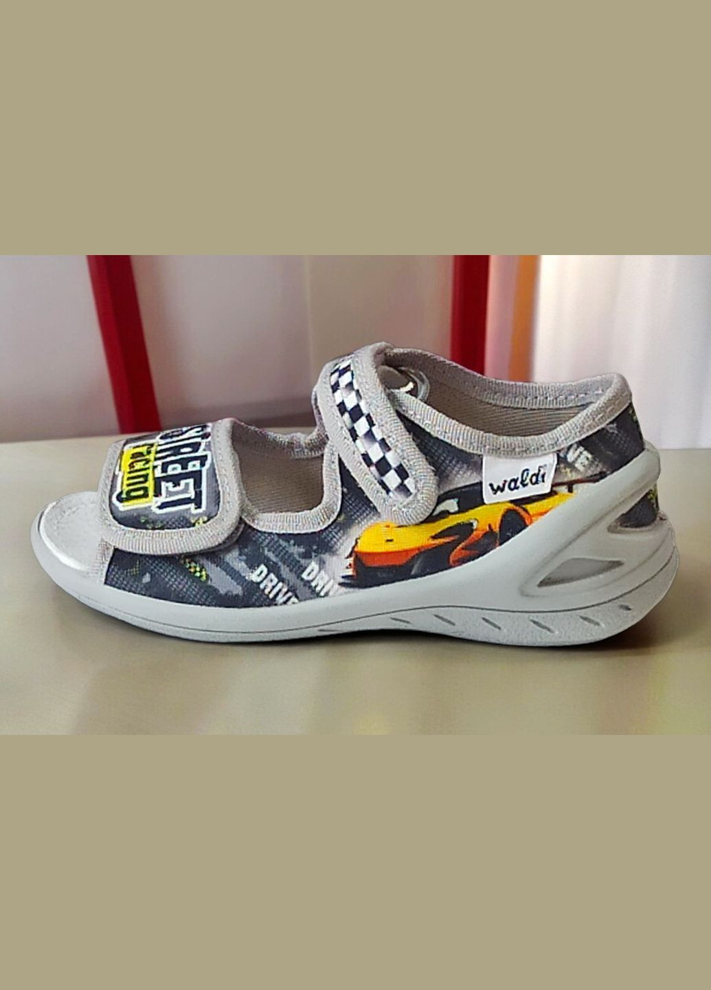 Серые ортопедические открытые тапочки текстильные босоножки на липучках валди адам Waldi