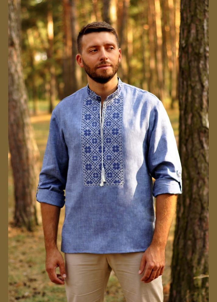 Голубая вышитая мужская рубашка с длинным рукавом и воротником-стойкой VMV свободная, прямой лен (307265578)