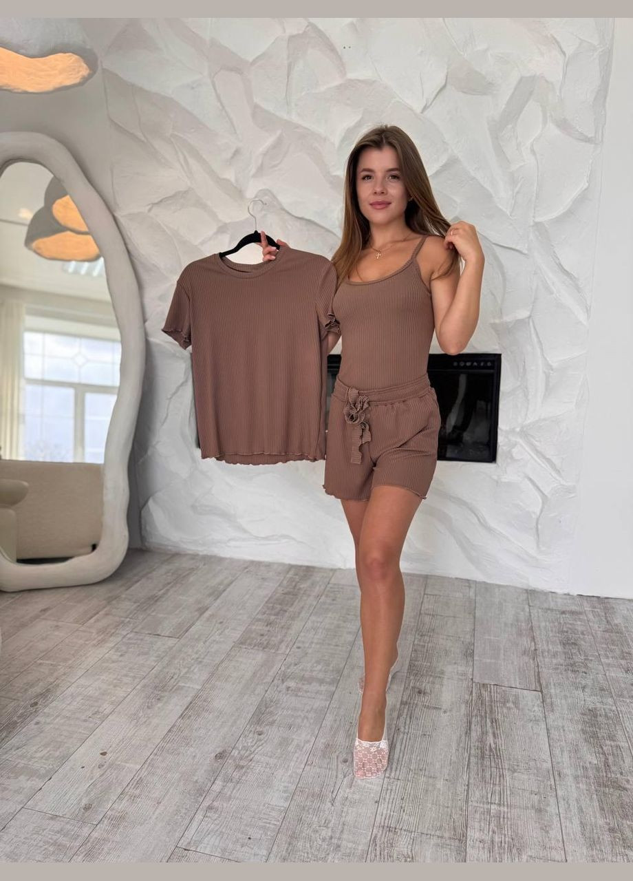Коричнева піжама жіноча 3в1 коричневий (п4к-al-rub-25-0013-04) No Brand