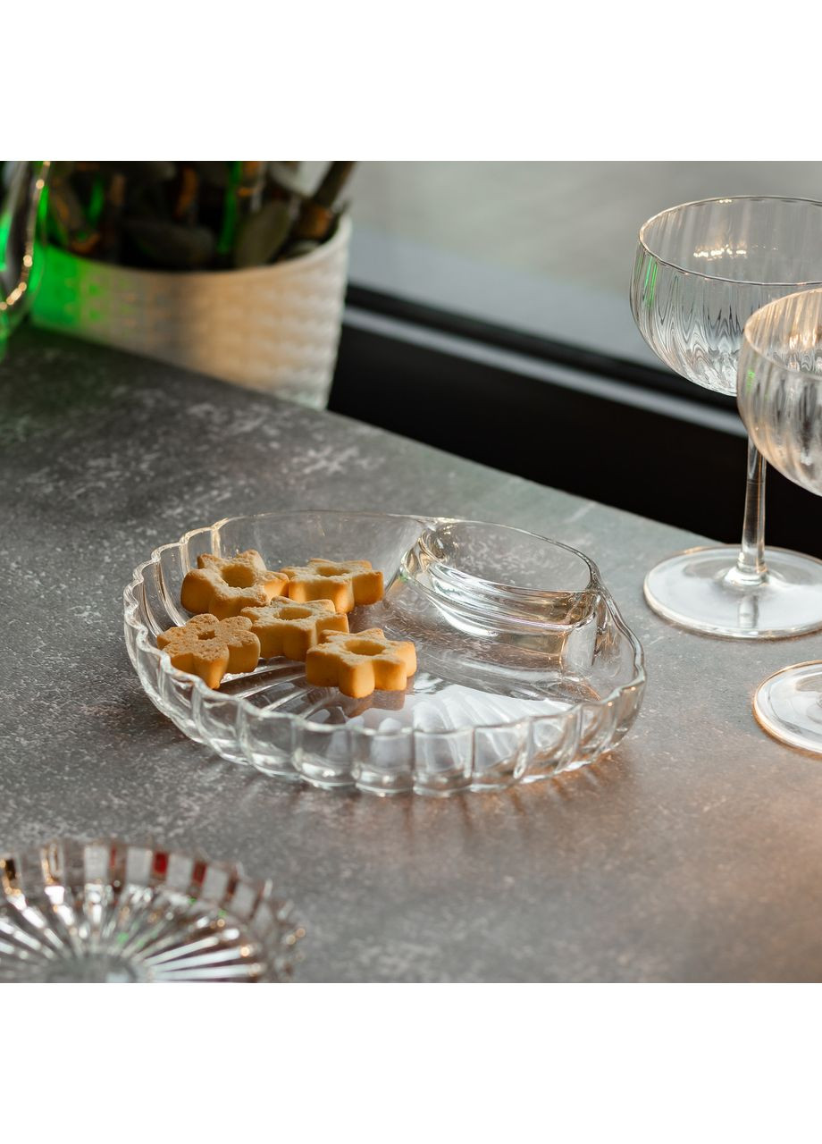 Сервірувальне скляне блюдо для закусок із соусником 21х19х3 см Прозорий Yiwu (360455090)