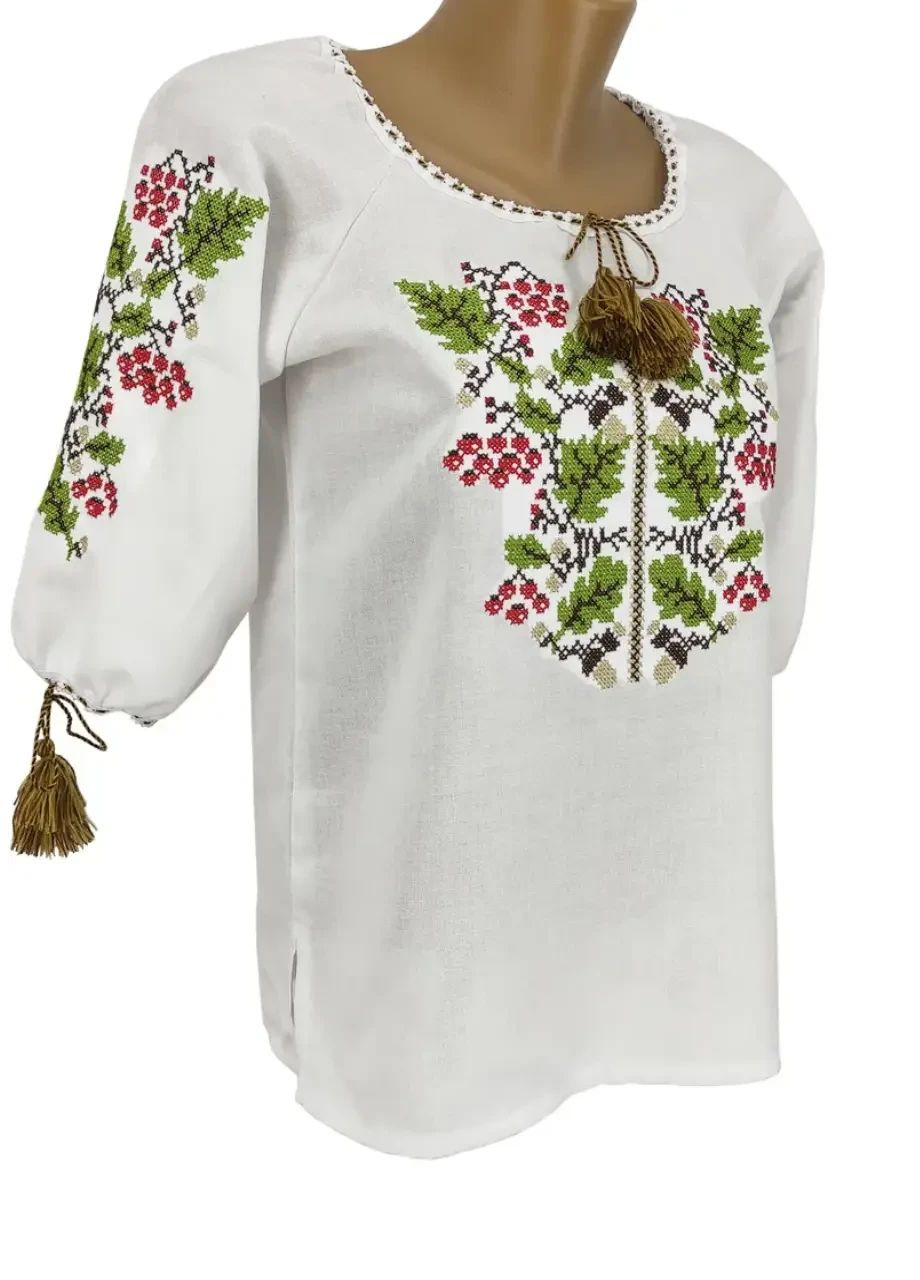 Біла біла підліткова сорочка вишиванка для дівчинки домоткана бавовна калина family look 140 — 176 104 (366080061)