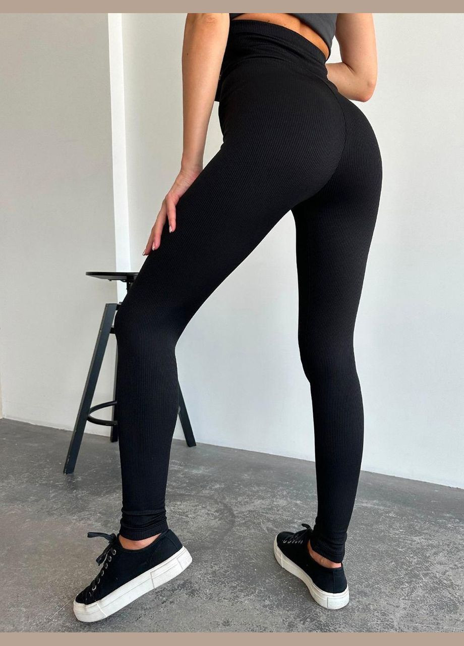 Черные демисезонные утепленные леггинсы в рубчик No Brand