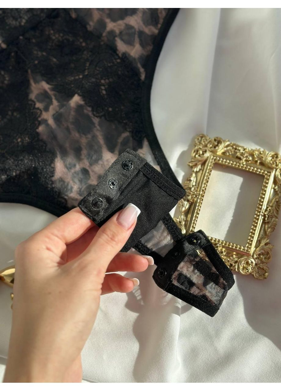 Чорне боді з мереживом і леопардовим принтом / Еротичне прозоре боді з чашками / Сексуальне жіноче боді в тваринному стилі No Brand (365549964)