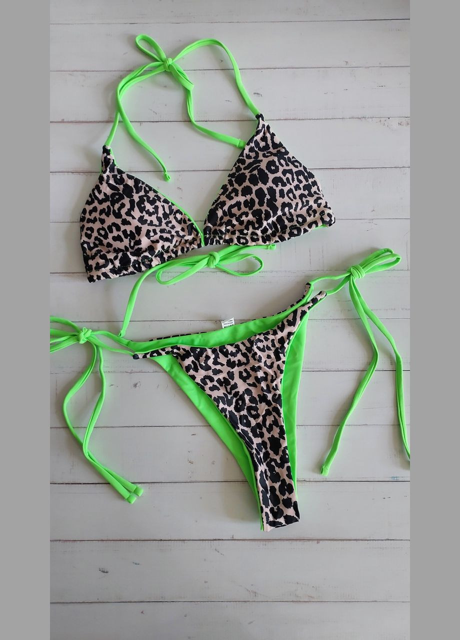 Бежевий літній жіночий роздільний леопардовий купальник на зав'язках No Brand