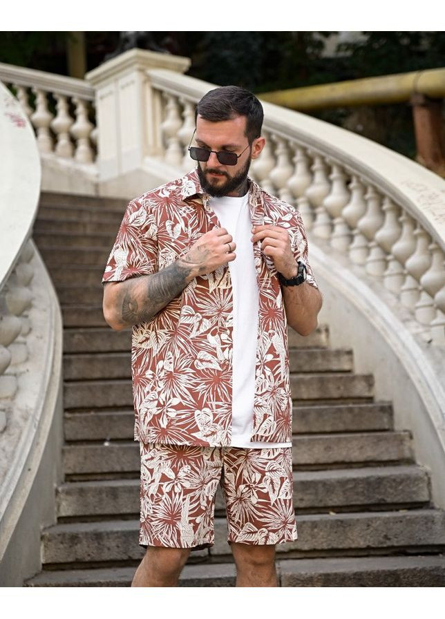 Стильный мужской костюм гавайский шорты+рубашка бордовый Freedom (350313700)