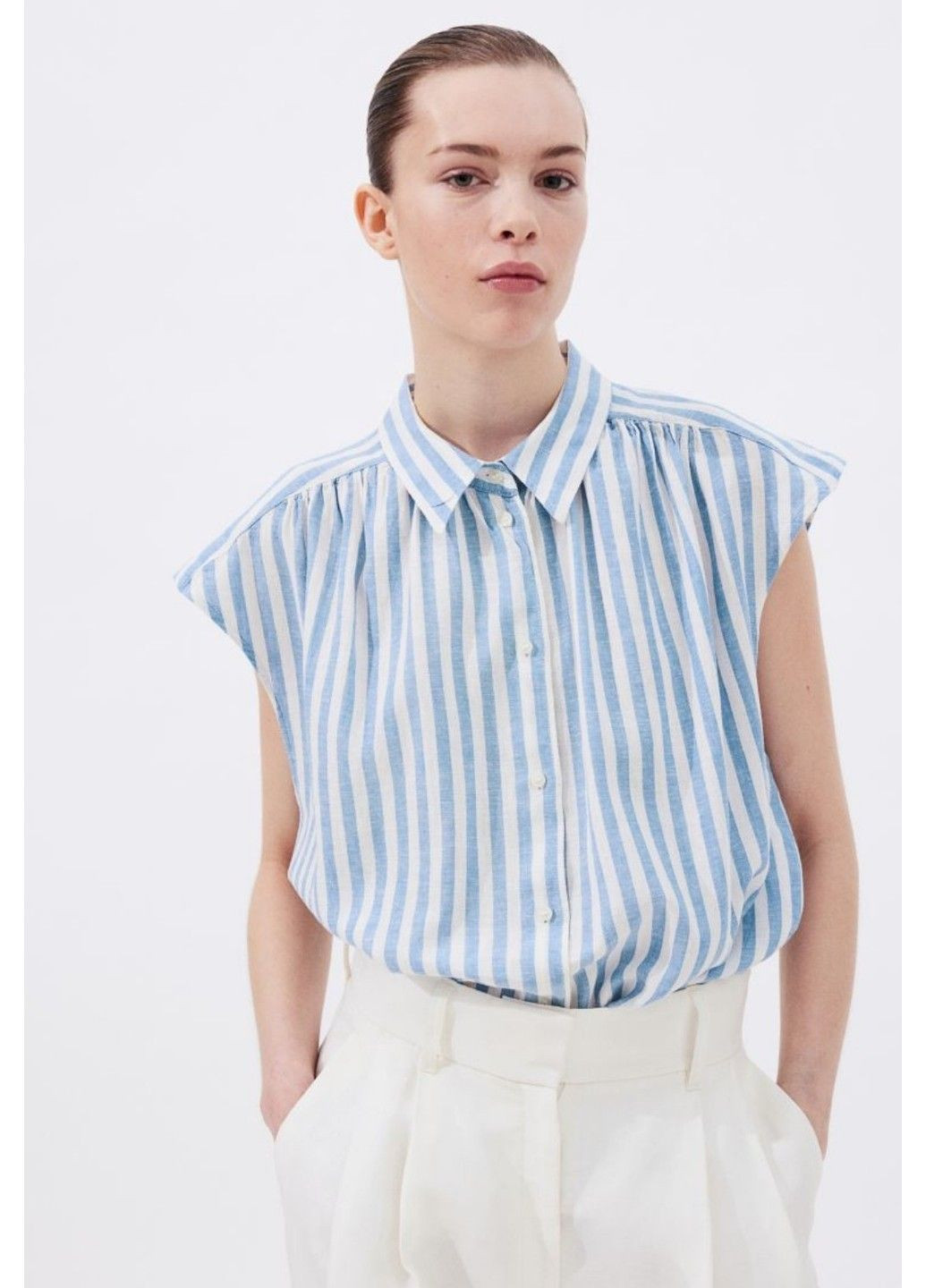Жіноча лляна сорочка оверсайз без рукавів Н&М (57017) XS Біла H&M (292632436)