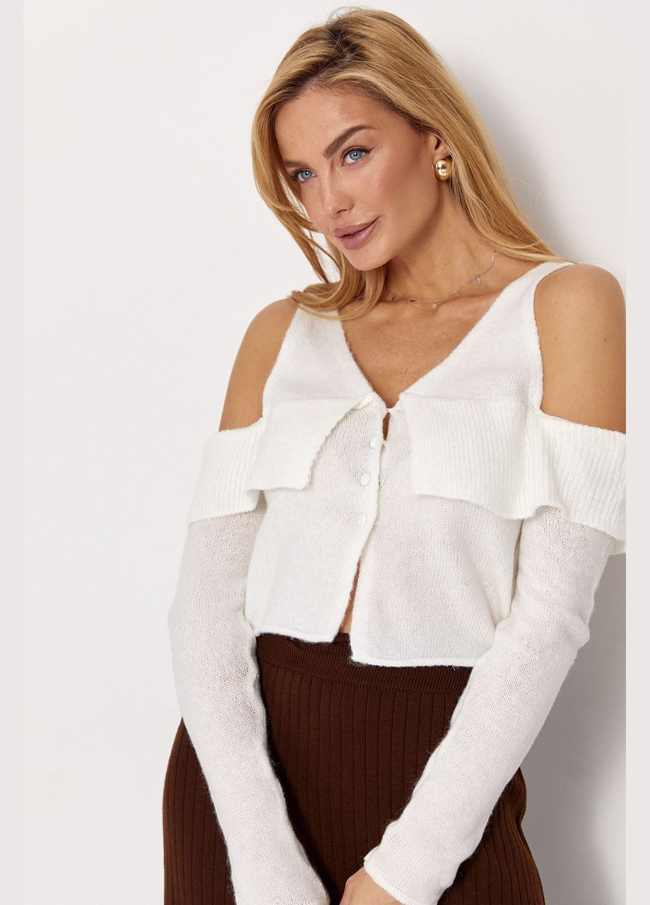 Молочный демисезонный эффектный вязаный пуловер с открытыми плечами пуловер No Brand