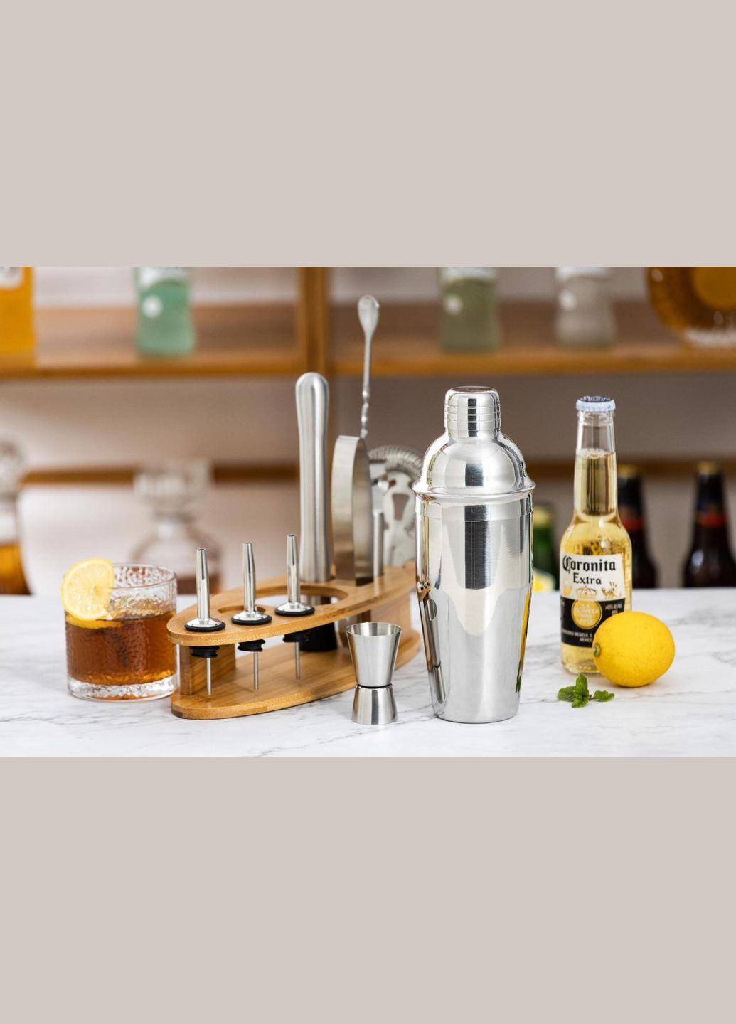 Набор для бара 11 в 1 для приготовления коктейлей Basimc 750 мл с деревянной подставкой, набор бармена (R051365 No Brand (349844425)