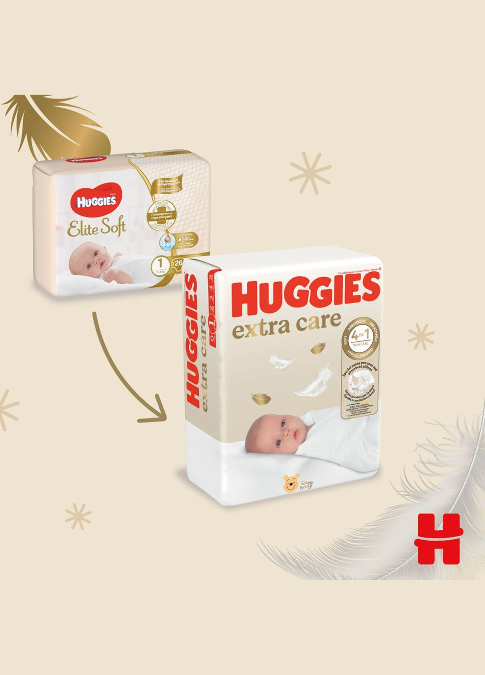 Набір підгузків на липучках Extra Care 2 (3-6 кг), 164 шт. (2 уп. по 82 шт.) Huggies (332943844)