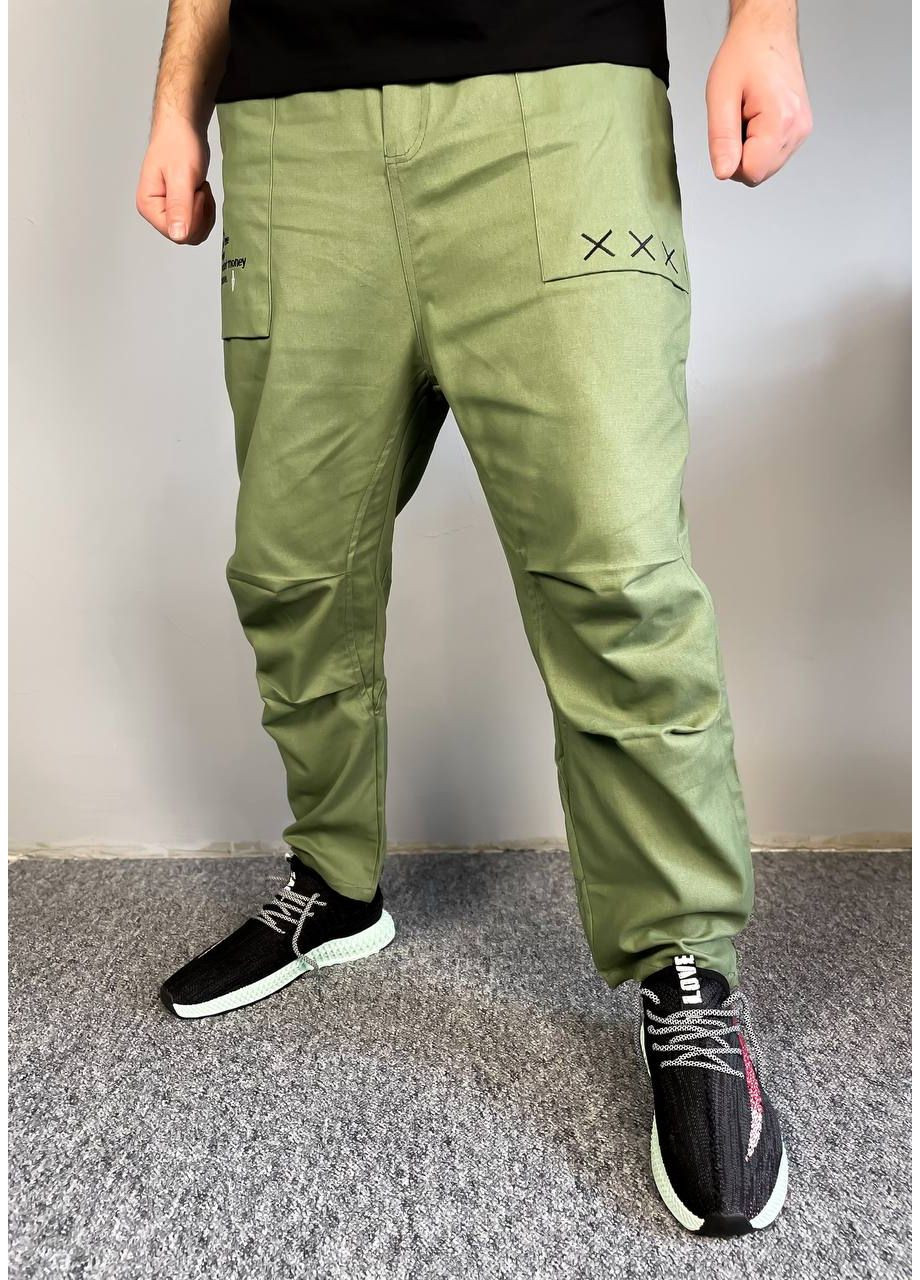 Зеленые мужские прямые штаны карго с надписями хаки dc10151 No Brand