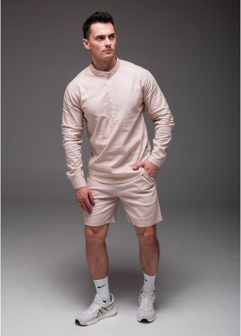 Бежевий літній стильний чоловічий літній комплект із натурального льону з шортами, з сорочкою Vakko