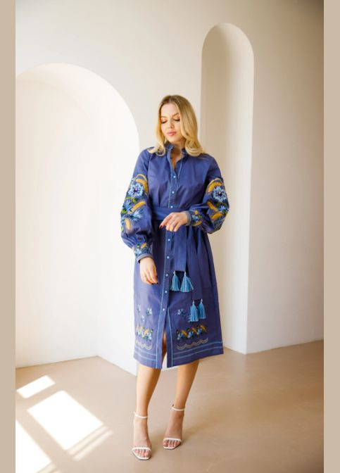 Синій зимній жіноча вишита сукня василина синя Galychanka 7043