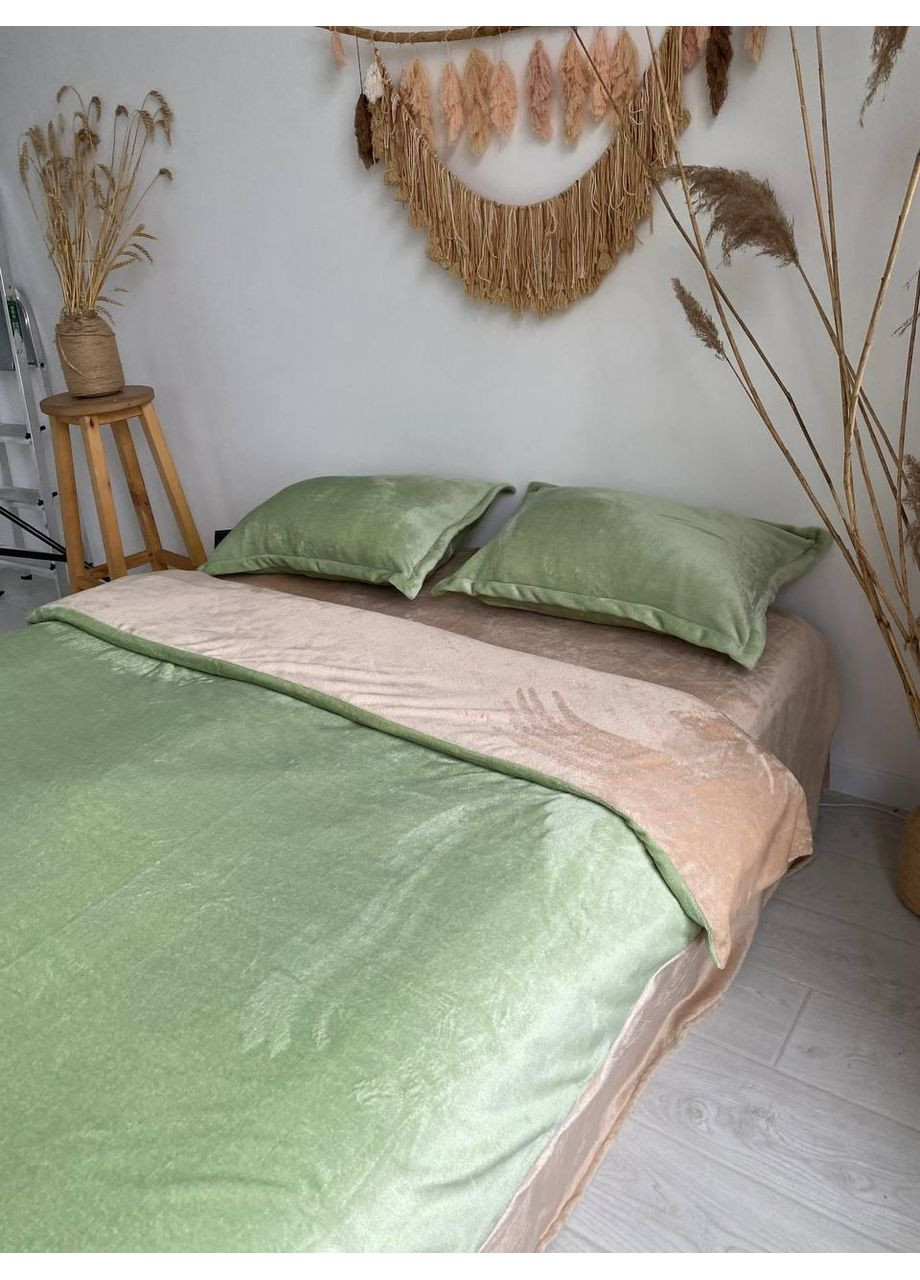 Постельное белье Бежевый + Оливковый, плюш Семейный размер, наволочки 50/70 No Brand (364220485)