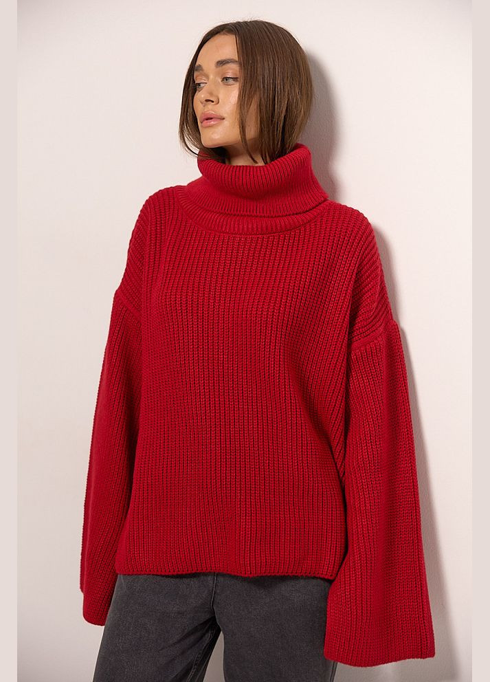 Красный зимний женский вязаный свитер oversize с разрезом сзади на воротнике Arjen