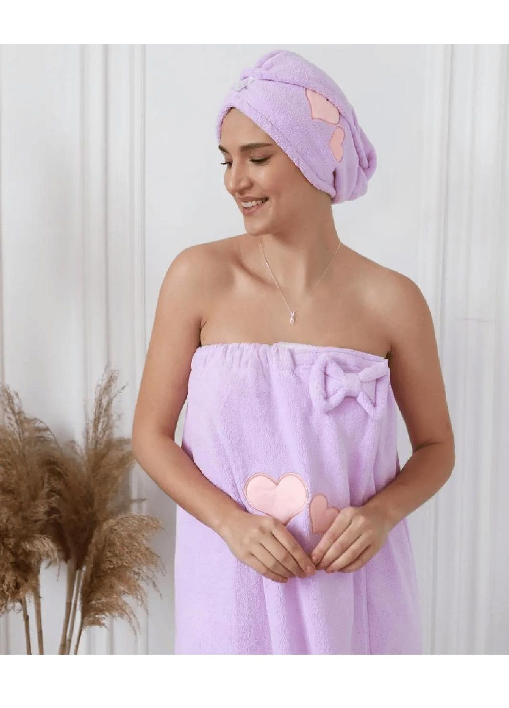 Набор женский полотенце халат для тела чалма на голову микрофибра для ванны бани сауны 140х80 см (478869-Prob) Сердце сиреневый Unbranded (314765681)