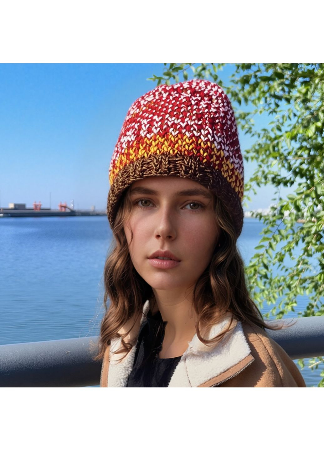 Стильна жіноча в'язана шапка Касіо жаккард микс, ручна робота PRIGRIZ (368787139)
