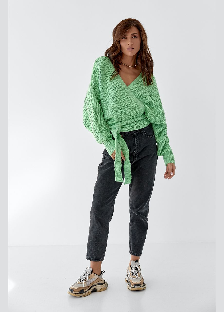 Коротка в'язана кофта із запахом та поясом - салатовий Lurex (314901686)