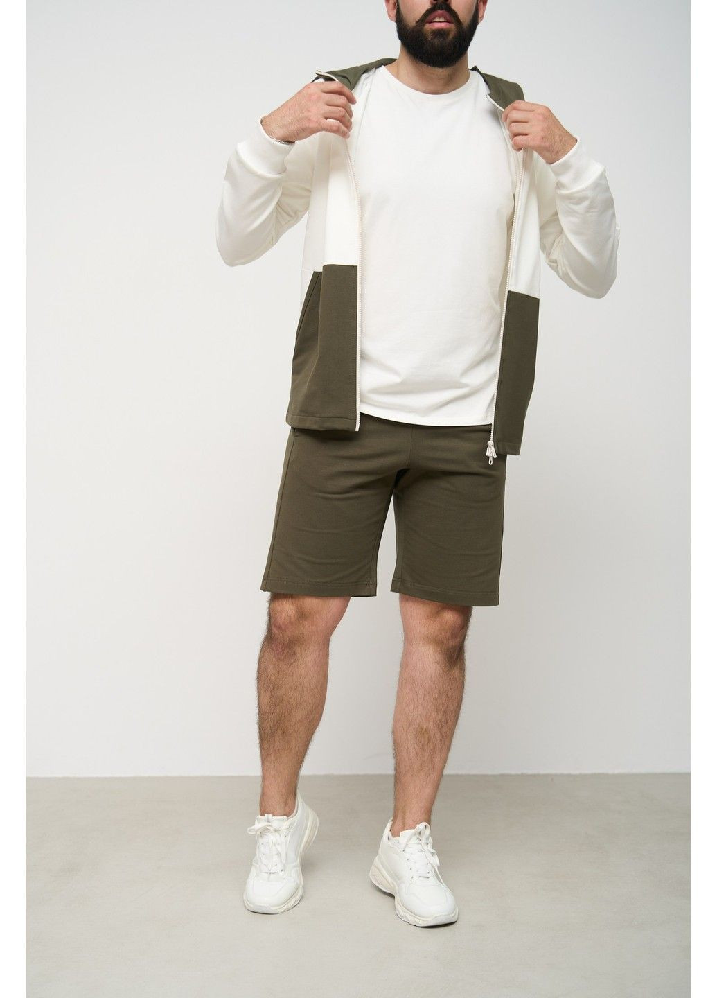 Спортивний костюм чоловічий ТРІЙКА літо SUMMER з кофтою на замку + шорти + футболка молочний хакі Handy Wear (293510736)