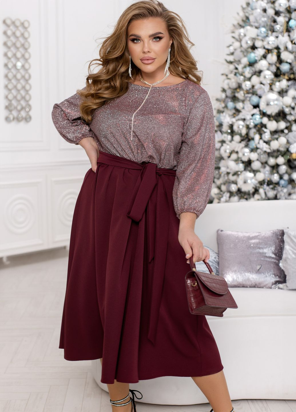 Бордовое праздничный, коктейльное платье с люрексом клеш, колокол No Brand однотонное