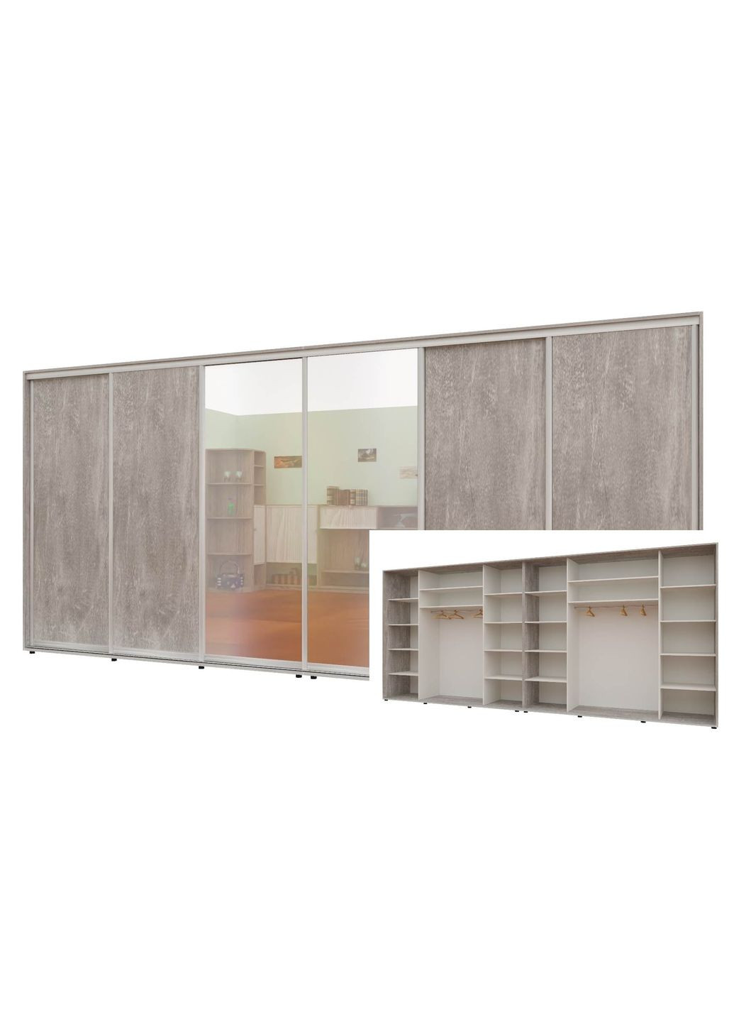 Шкаф-купе шестидверный Комфорт Мебель 480*60*240 см Бетон 4 двери ДСП + 2 двери Зеркало Макси Комфорт Меблі (360471424)