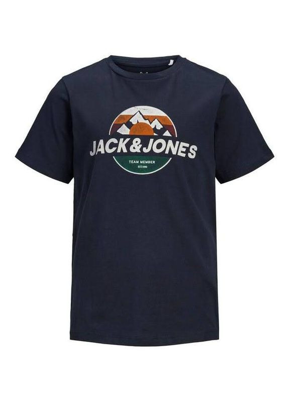 Темно-синя демісезонна футболка для хлопця 12189188 темно-синя з горами (152 см) Jack & Jones