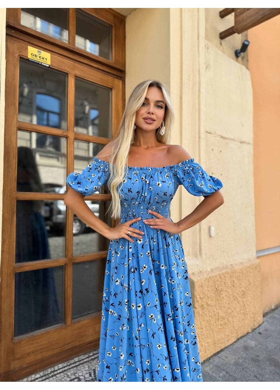 Темно-блакитна святковий, вечірня, кежуал жіноча сукня максі а-силует Style Point з квітковим принтом