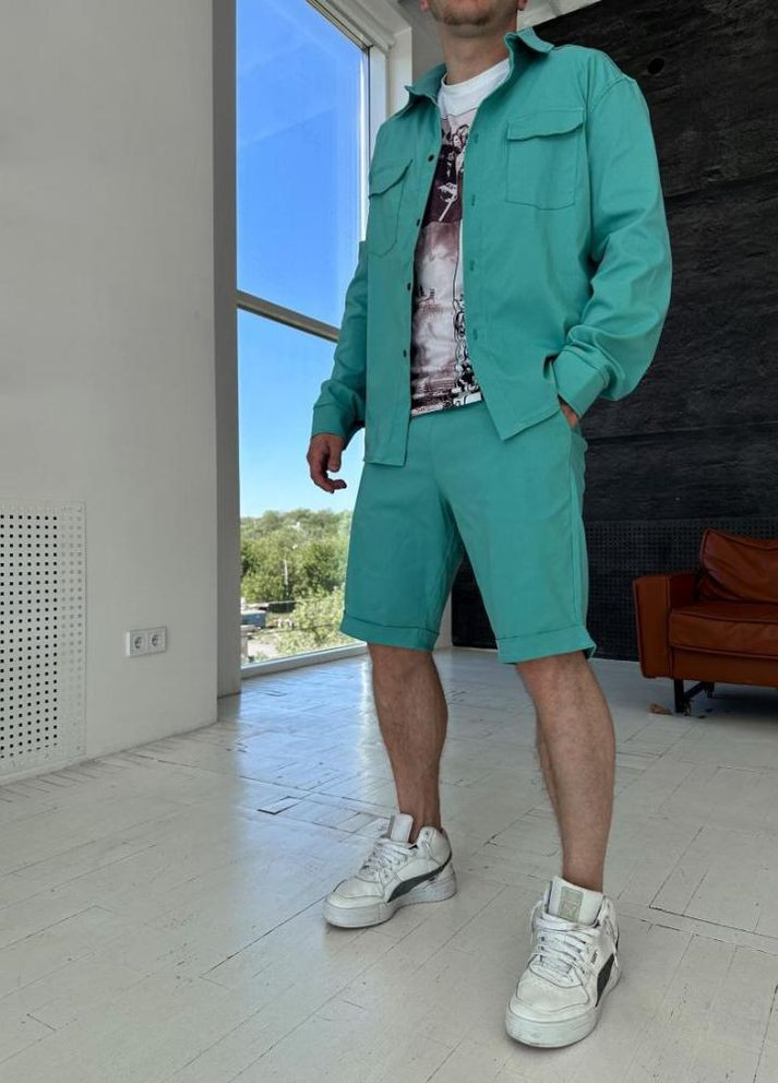 Кислотно-зелений демісезонний котоновий костюм чоловічий сорочка шорти No Brand
