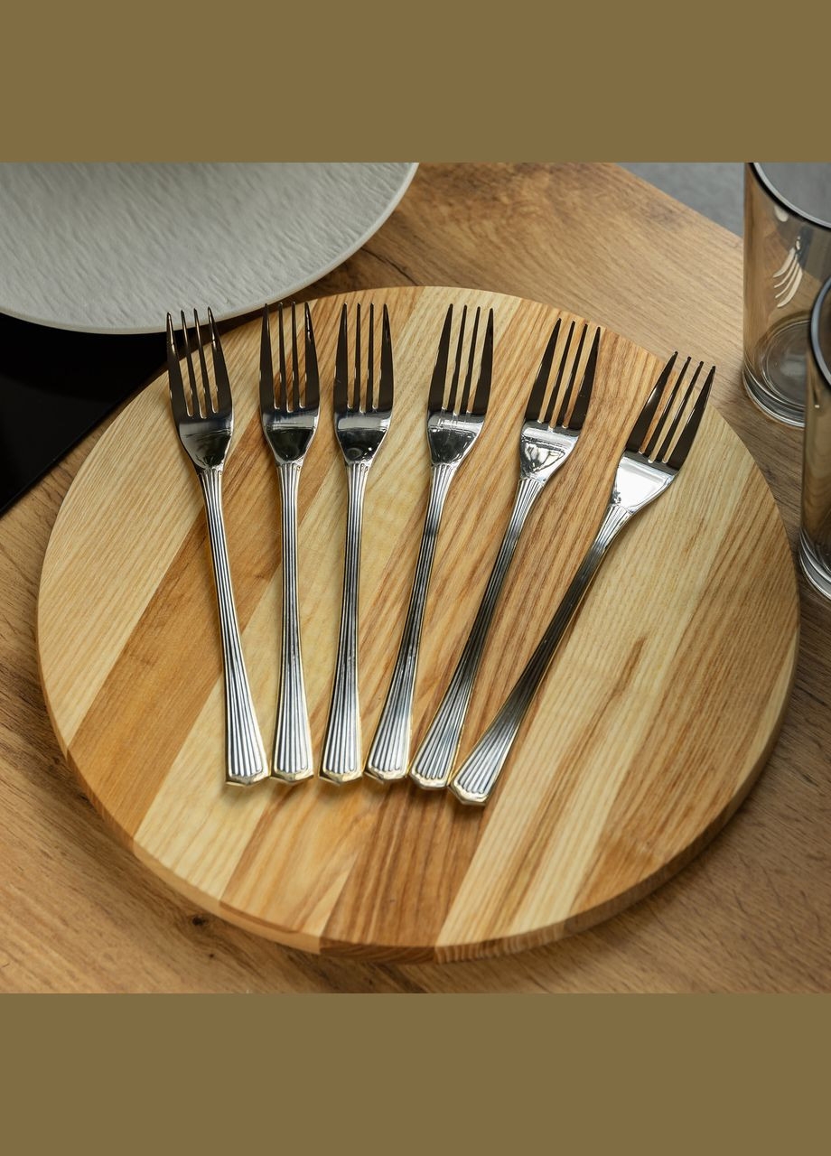 Набор столовых вилок 6 штук вилки кухонные из нержавеющей стали 20.5 см Серебро с золотой обводкой Yiwu (331784582)