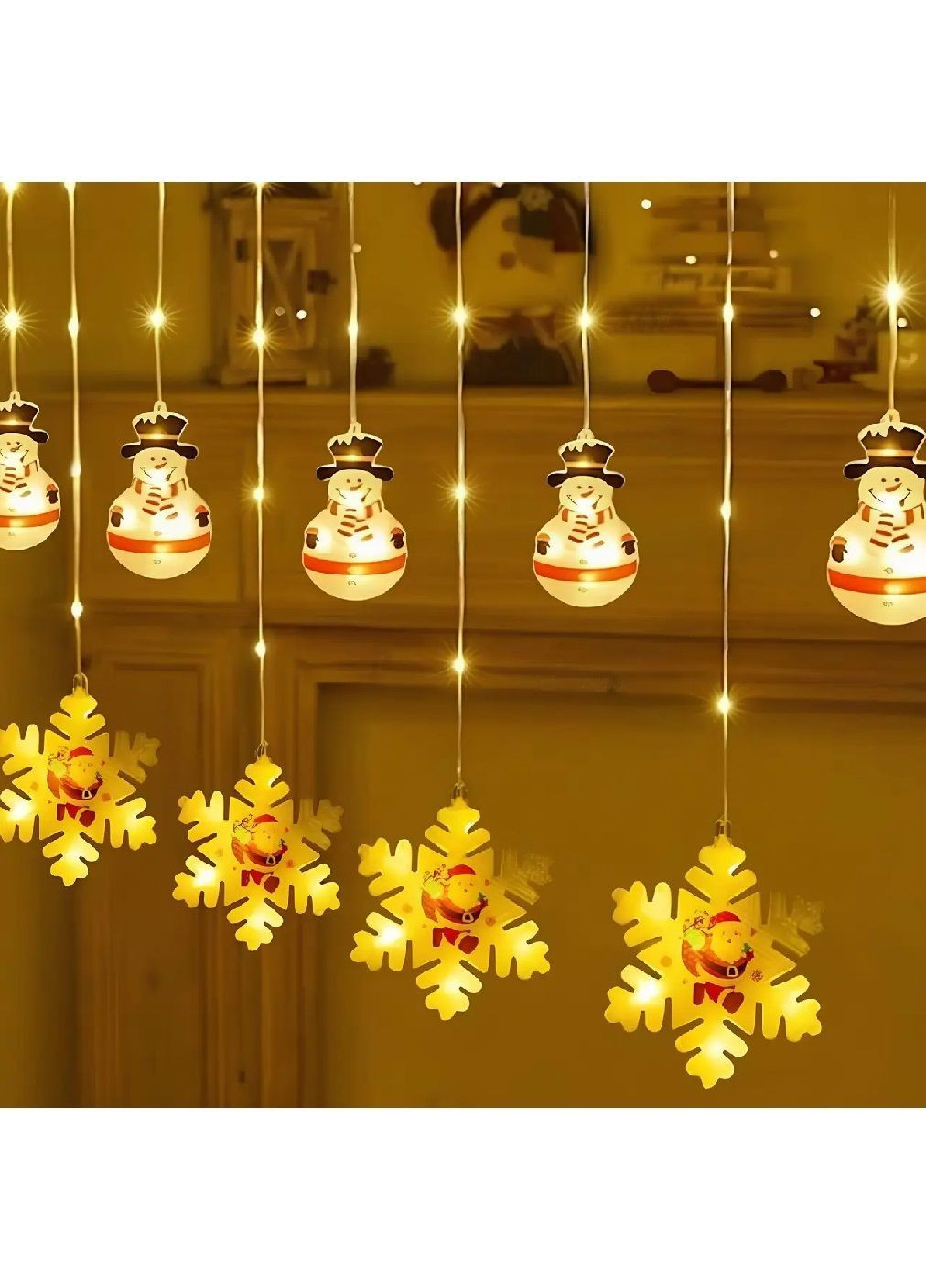 Гірлянда світлодіодна новорічна зі сніжинкою сніговиком роботою від мережі 220В 3х0,7 м 90 лампочок (482124-Prob) Тепла біла Unbranded (370688107)