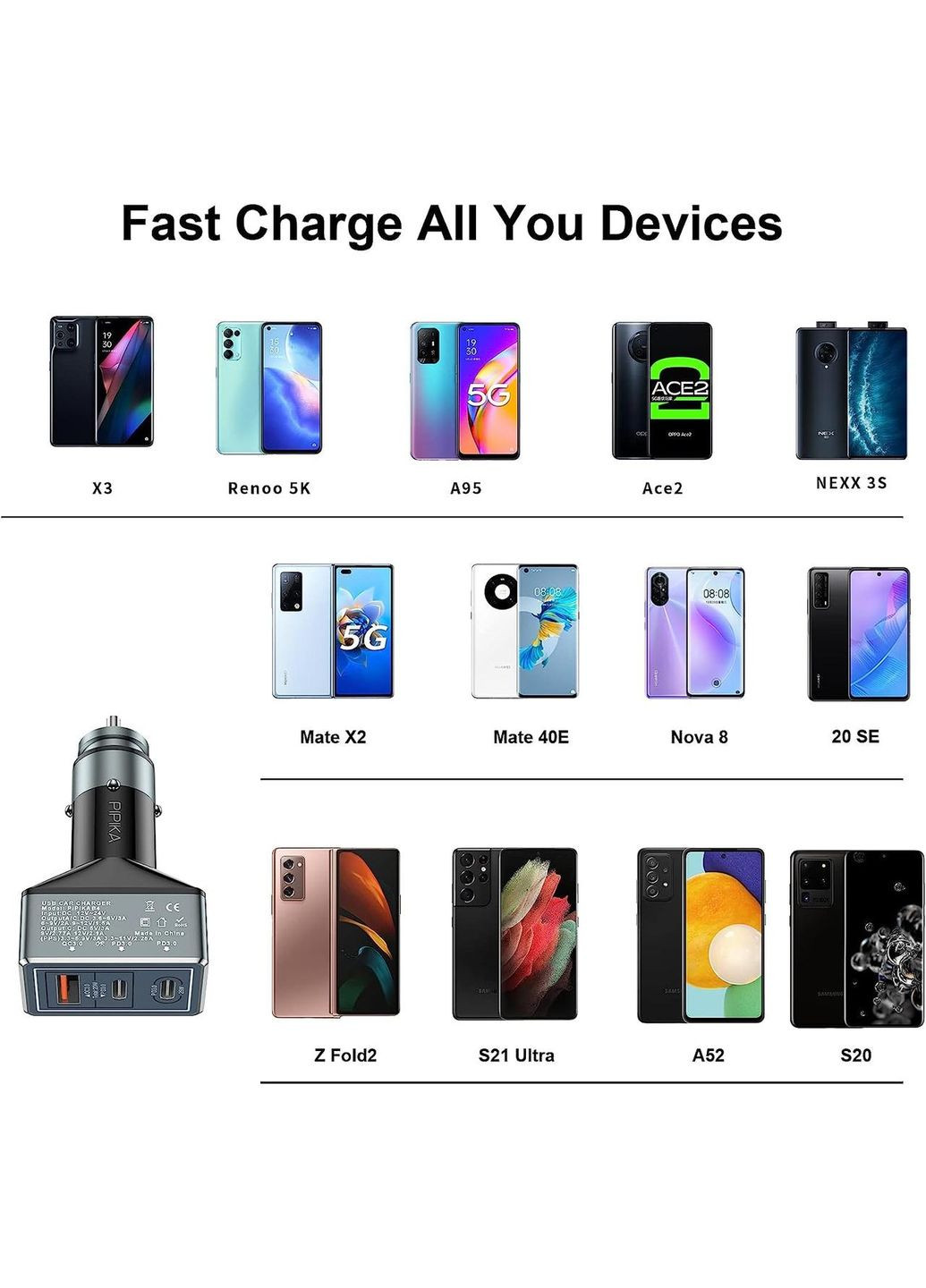 Автомобільний зарядний пристрій 65 Вт 3-портовий адаптер для прикурювача 25 Вт Dual PD та 20 Вт QC 3.0 No Brand (300657466)