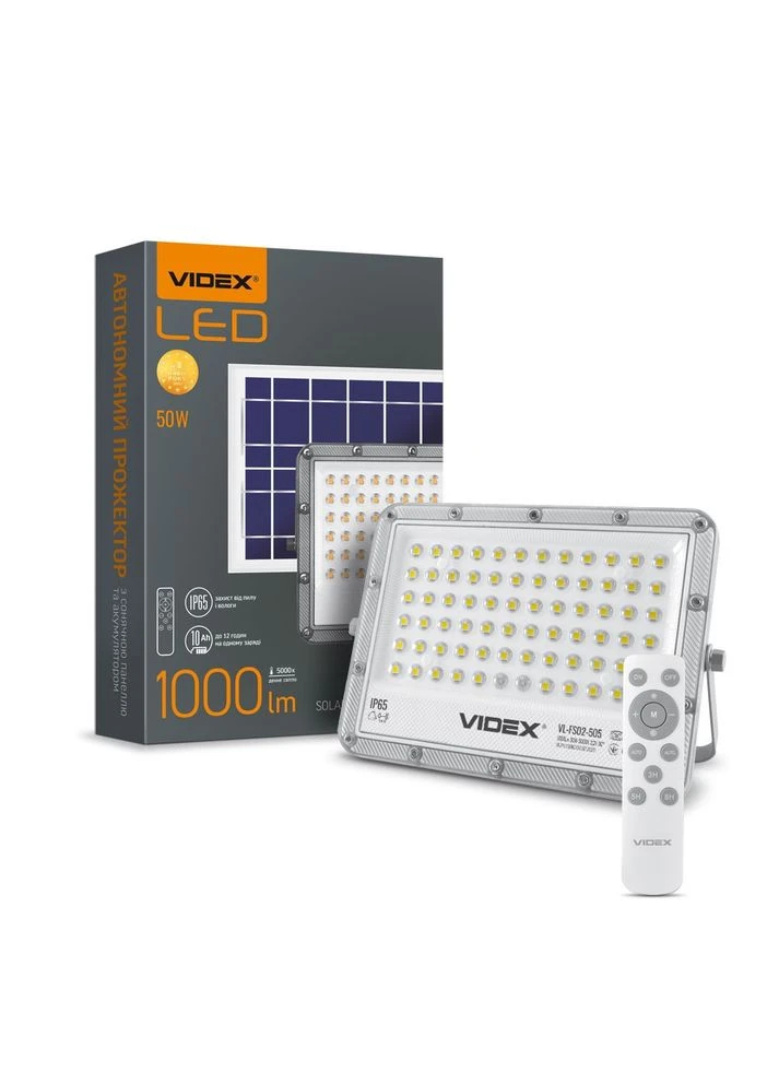 LED прожектор уличный акумуляторний с солнечной панелью 1000LM 5000K 3.2V Серый Videx (335835580)