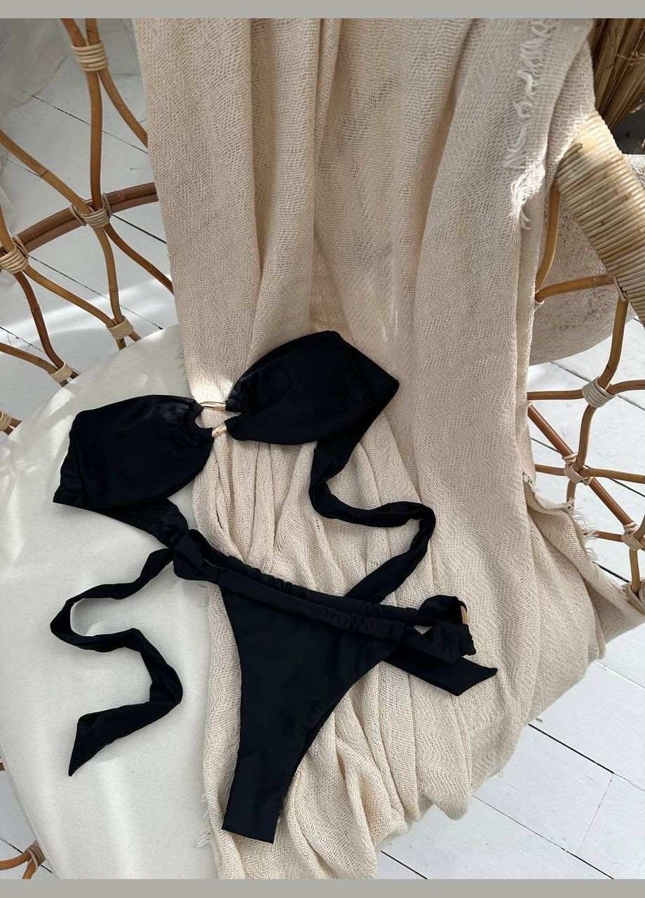 Чорний літній сміливий купальник з металевою фурнітурою роздільний, бандо No Brand