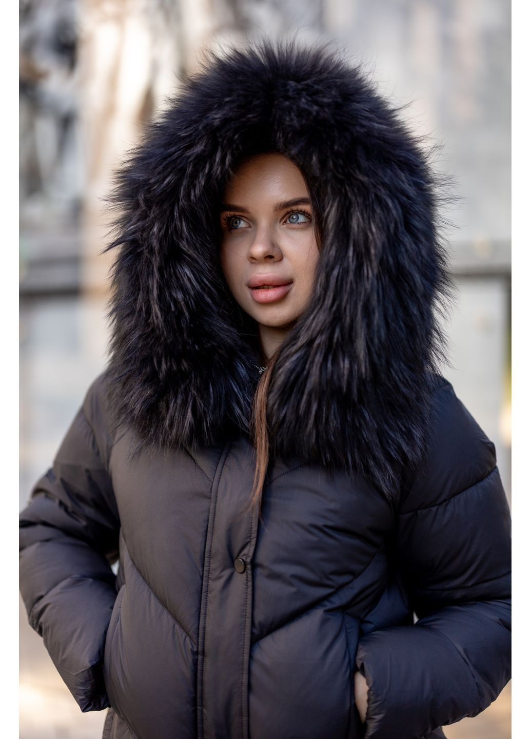 Черная зимняя зимняя женская короткая куртка с мехом енота 65526 Visdeer