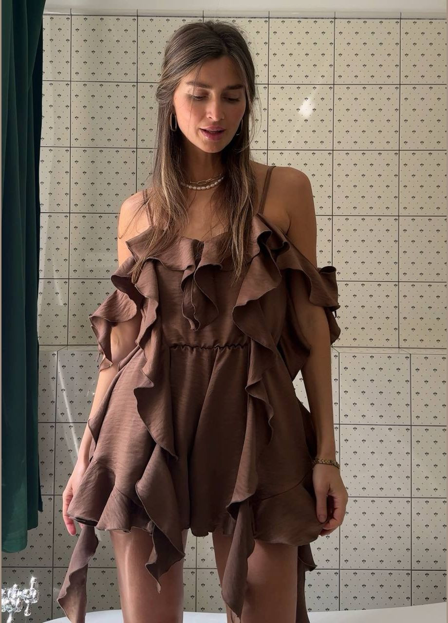 Сатиновий комбінезон з воланами Україна комбінезон-шорти однотонний коричневий святковий, повсякденний, кежуал, коктейльний сатин