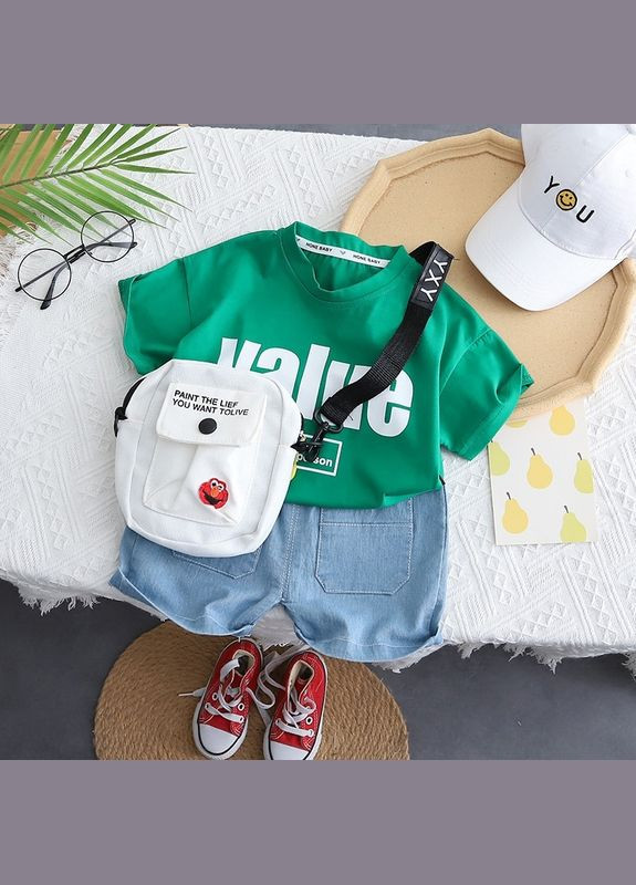 Зеленый летний детский летний костючик с сумочкой, шорты и футболка No Brand