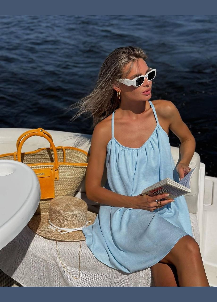 Блакитна повсякденний сарафан жіночій літній на бретелях з відкритою спиною креп жатка з відкритою спиною JUGO однотонна