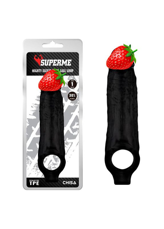 Насадка для пениса Mighty Sleeve с петлей для яичек, черная Chisa (373287150)