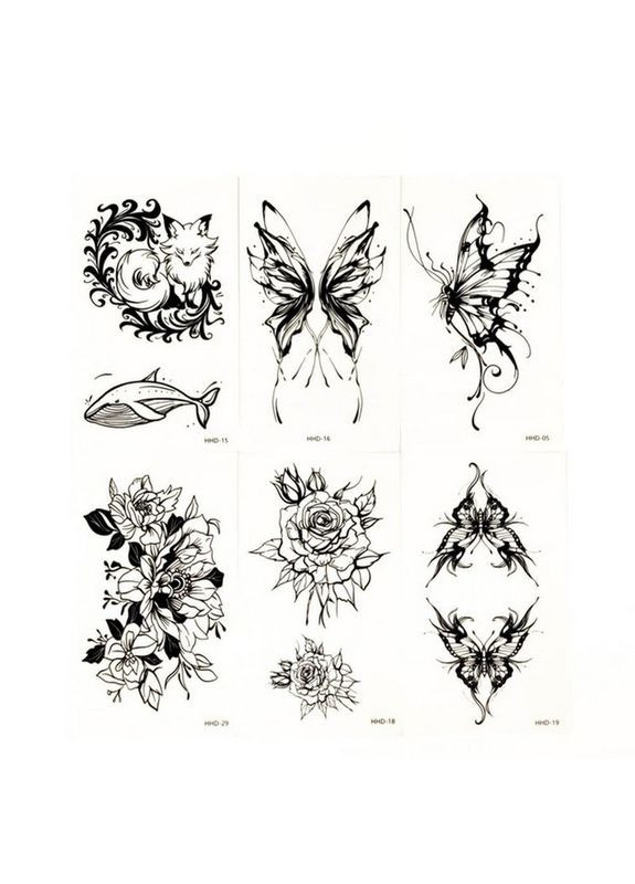Набор временных тату "Бабочки и цветы №1" blacktattoo-mini-set-f01 из 6 черных по 9,5 х 5,5 см Fresh Tattoo (307826982)