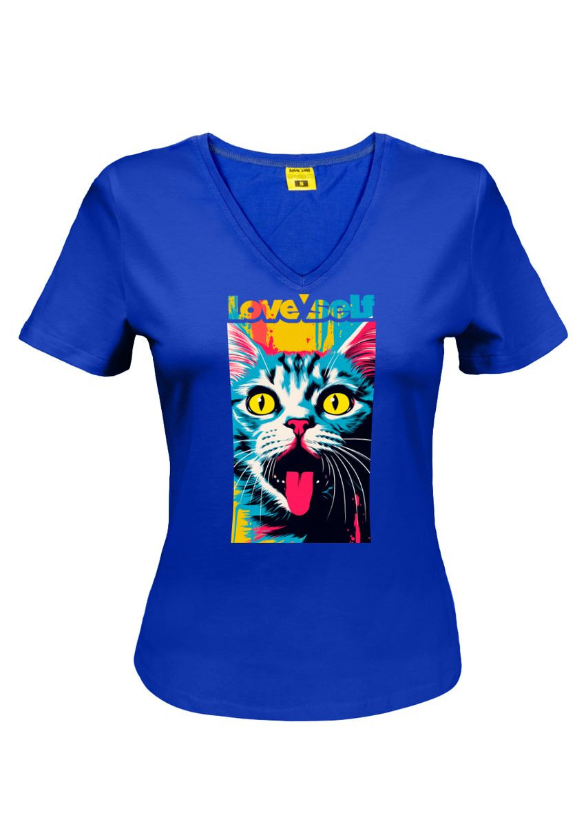 Футболка женская классика кулир василька с V-образной горловиной с принтом Color Cat 4PROFI - (347339321)