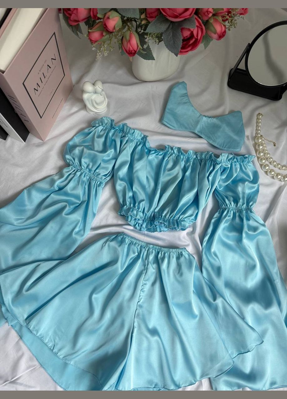 Блакитна всесезон жіноча шовкова піжама 3 в 1 топ + шорти Avanti