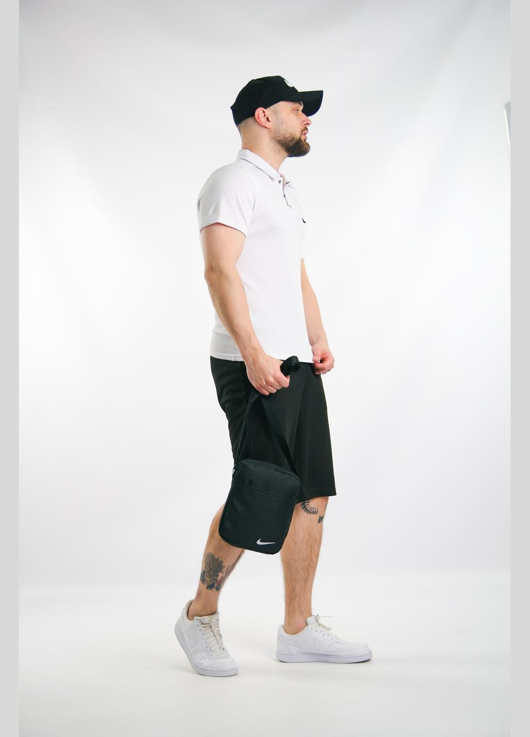 Комплект чоловічий : поло біле + шорти чорні + барсетка чорна + кепка чорна No Brand (340715410)