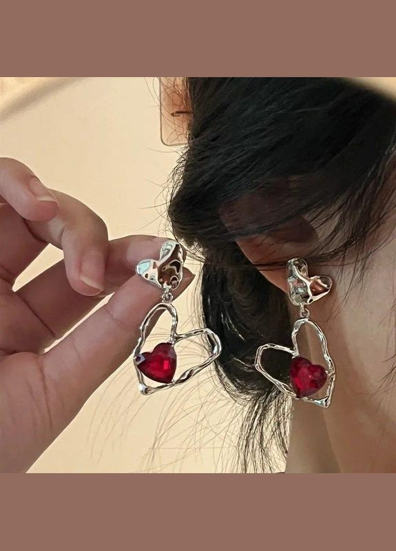 Серебристые серьги сердце с красными кристаллами, 5724 Fashion Jewelry (336949836)