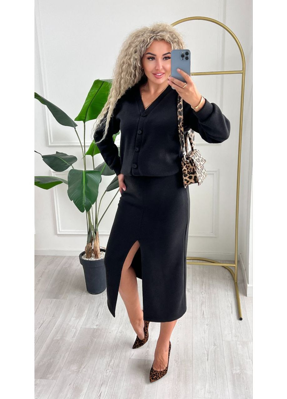 Жіночий костюм двійка з ангори: вкорочений кардиган та спідниця-міді з розрізом MonCher (361146203)