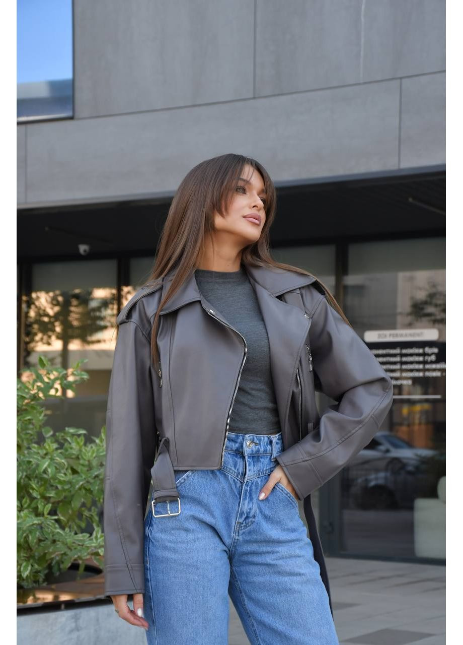 Графітова демісезонна куртка-косуха жіноча укорочена з екошкіри косуха MonCher
