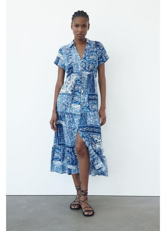 Синя сукня-сорочка середньої довжини з принтом Zara