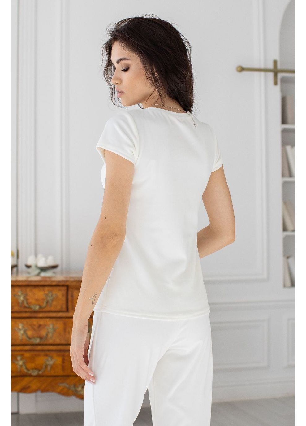 Айворі всесезон брючна піжама з футболкою велюрова світла па1605 айворі MiaNaGreen