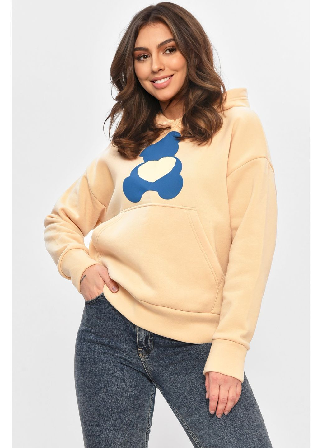 Бежевый худи женское на флисе бежевого цвета с принтом Let's Shop надпись без декора (366732906)