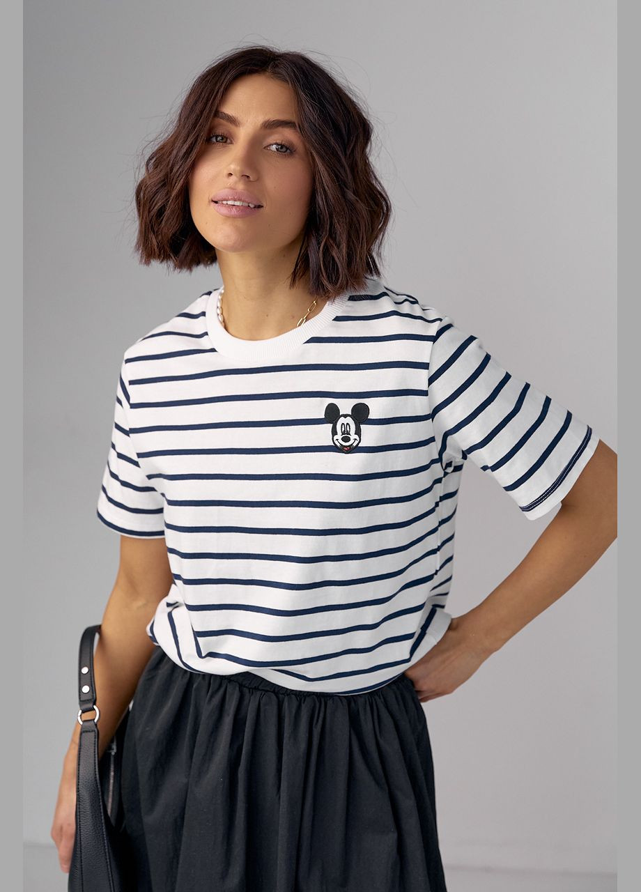 Темно-синяя летняя женская футболка в полоску с вышитым микки маусом 2456 с коротким рукавом Lurex